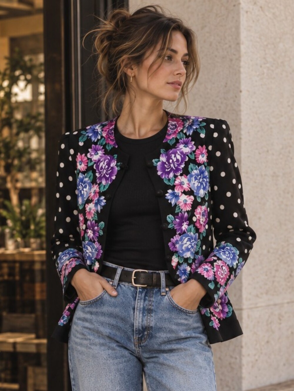 Vintage 90s Blazer 100% Silk Maggy London Floral Polka Dot Jacket Eclectic M/L